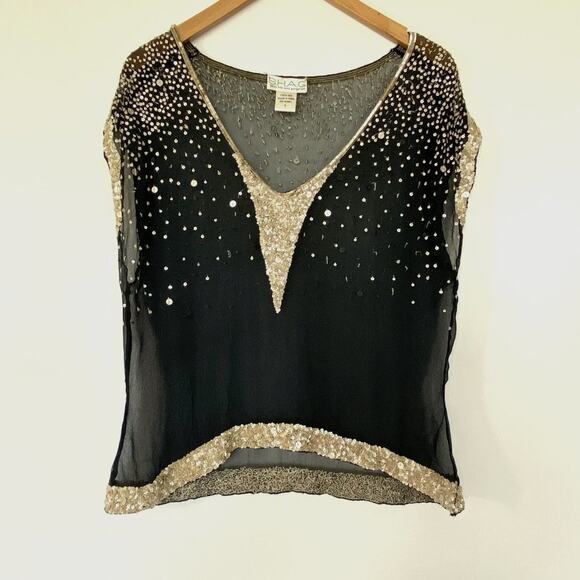 SHAG Tops - Vintage Shag Black Cream Sequin Embellished Blouse Top